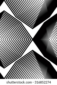 Geometric monochrome stripy seamless pattern, black and white vector abstract background. Graphic symmetric backdrop.