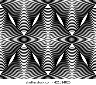 Geometric monochrome stripy seamless pattern, black and white vector abstract background. Graphic symmetric backdrop.