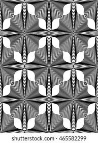 Geometric monochrome stripy seamless pattern, black and white vector abstract background. Graphic symmetric backdrop.