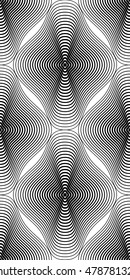 Geometric monochrome stripy seamless pattern, black and white vector abstract background. Graphic symmetric backdrop.
