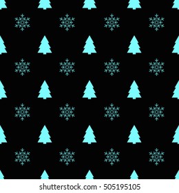 Geometric monochrome winter seamless pattern with blue Christmas tree and snowflakes on the black background. Vector illustration.