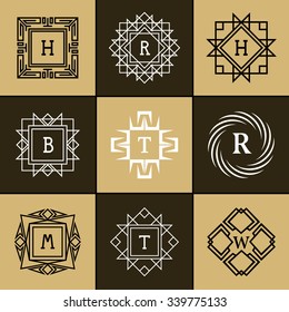 Geometric Monogram logo. Abstract Vector template in trendy mono line style. Letter emblem H, R, B, T, W, M Monochrome hipster. Minimal Design elements for logo, badge, banner, insignias, frame, label