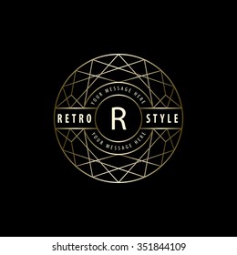 Geometric Monogram logo. Abstract Vector template in trendy mono line style. Letter emblem R. Monochrome vintage hipster. Minimal Design elements for logo, badge, banner, insignias, frame, label.