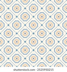 Monograma Geométrico Torcer Pixel e Fleur de lis Art Design. Ornamento Azul Laranja Repetir no Fundo Bege. Vetor de padrão contínuo. Papel de parede retro, Têxtil, Artesanato de mão, Envoltório, colorido, quente.