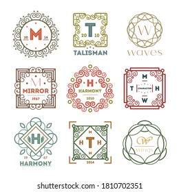 Geometric monogram. Vector luxury frame with talisman, mirror, harmony, waves brand name logo isolated set on white. Vintage geometric monogram insignia badge, logotype or label illustration