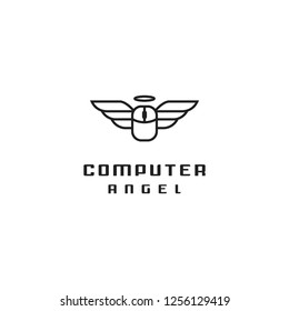 geometric monoline computer mouse with wings logo icon vector inspiration