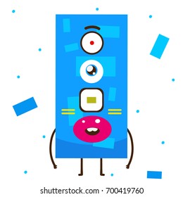 Geometric monster, blue rectangle, shape, cartoon character, vector, isolated object on white background, children's illustration.