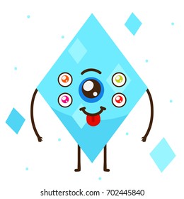 Geometric monster, blue rhombus, shape, cartoon character, vector, isolated object on white background, children's illustration.