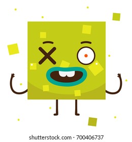 Geometric monster, green square, shape, cartoon character, vector, isolated object on white background, children's illustration.