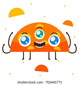 Geometric monster, orange semicircle, shape, cartoon character, vector, isolated object on white background, children's illustration.