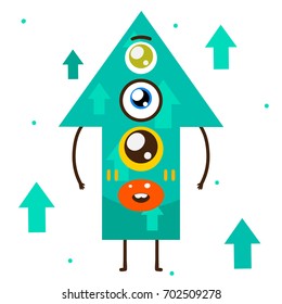 Geometric monster, turquoise arrow, shape, cartoon character, vector, isolated object on white background, children's illustration.