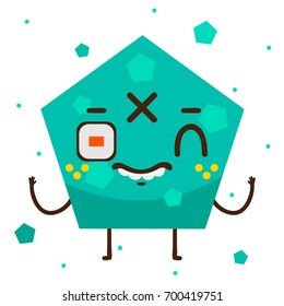 Geometric monster, turquoise pentagon, shape, cartoon character, vector, isolated object on white background, children's illustration.