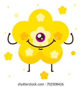 Geometric monster, yellow flower, shape, cartoon character, vector, isolated object on white background, children's illustration.