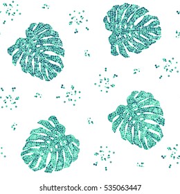 Geometric monstera leaves seamless pattern. Isolated on white background. Mosaic hexagon vector illustration in green.