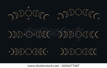 Geometric moon phase vector set with elegant golden crescent moon cycle symbols on dark background, mystical celestial lunar calendar minimalist astrology elements perfect for spiritual design
