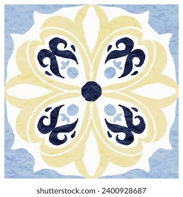 Geometric Moroccan Blue and Yellow tile in watercolor style
