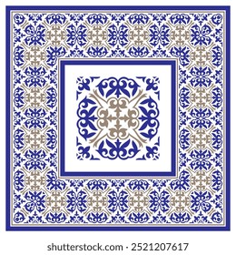 Padrão sem costura marroquino geométrico Arabesque azul, ouro, branco. Padrão marroquino azulejo, Damasco, azulejo majolica, Talavera. Ornamento azulejo português padrão, cerâmica mediterrânea, arabesco