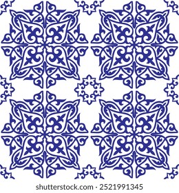 Padrão sem costura marroquino geométrico azul arabesco. Padrão azulejo marroquino, azulejo majolica, Talavera, Damasco. Ornamento floral padrão azulejo português, cerâmica mediterrânea, bordado