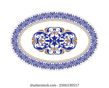 Geometric Moroccan Seamless Pattern, oval frame arabesque blue gold. Moroccan pattern. Blue gold plate with a large floral element in the center. Pattern frame for oval ceramics, textiles, patchworks