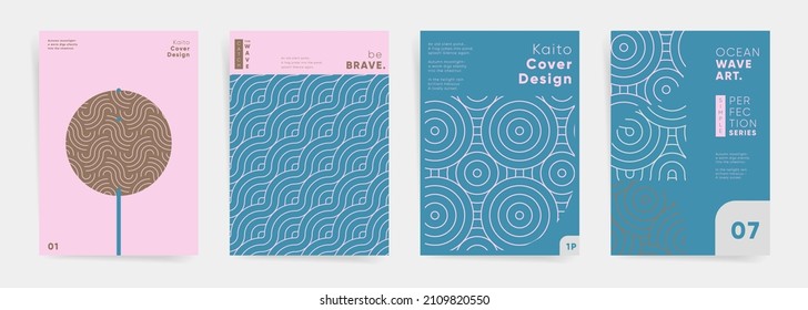 Geometric mosaic asian minimalism design template set. Abstract vector japanese wavy lines. Cover layout  for poster, brochure, flyer, banner, report, background. Spring pink blue sea ocean pattern. - Shutterstock ID 2109820550