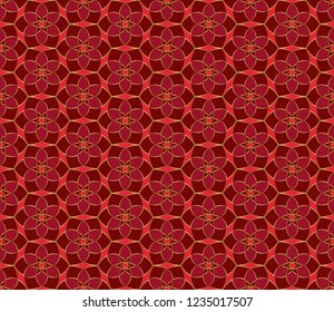 Geometric mosaic background. Christmas seamless lace pattern Red and gold kaleidoscope. Oriental ornament. Easy to use vector design template for greeting cards, fabric, wrap, wallpapers, etc