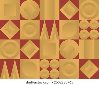 Geometric mosaic background. Different form made of abstract 3d shapes in retro style in colors red, yellow and gold. Elements for seamless pattern. Vector EPS10