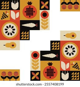Geometric mosaic background featuring organic fruits and vegetables in a simple Swiss Bauhaus style.