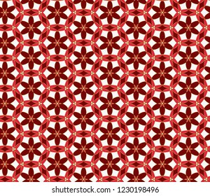 Geometric mosaic background Red and gold kaleidoscope. Christmas seamless lace pattern. Oriental ornament. Easy to use vector design template for greeting cards, fabric, wrap, wallpapers, etc