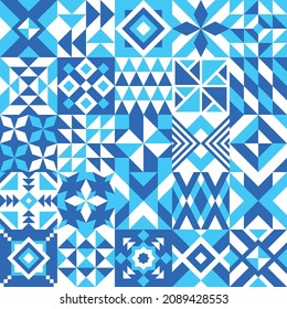 Fondo de mosaico geométrico con formas triangulares. Un conjunto de azulejos. Parche, patrón sin fisuras, textura, adorno, papel pintado.
