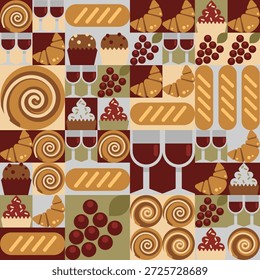 Geometric mosaic for bakery design. Vector illustration of simple bread, croissant, sweet cinnamon, muffin, grape and wine glass icons drawn in square tiles, seamless food and drink menu decoration