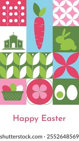 Geometric mosaic banner for Easter with traditional symbols. Easter greeting card with modern minimalist design. Vector