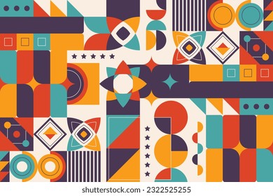 Mosaico geométrico, patrón Bauhaus. Figura moderna de geometría, forma. Bauhaus. Mosaico geométrico. Textura mural mínima. Escandinavo. Impresión de mosaicos geométricos. fondo de pantalla retro. Ilustración del vector