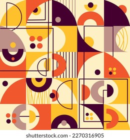 Patrón Bauhaus de mosaico geométrico.Figura moderna de geometría, forma Textura abstracta.Diseño en baudihaus para impresión, papel pintado, textil, pancarta, afiche, mosaico geométrico.Fondo vectorial sin soldadura