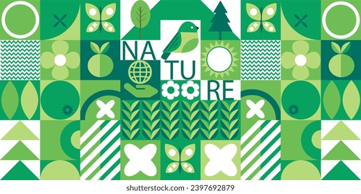 Geometric mosaic in the Bauhaus style. Background with an image of abstract nature. Forest, trees, butterflies, planet, flowers.Minimalistic shapes. Seamless pattern.2