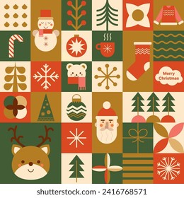 Geometric mosaic Christmas seamless pattern, abstract square print with geometry icons - Santa, bear, deer, candy stick, Christmas, tree, snowflake, snowman. Vector red, green, golden wallpaper.