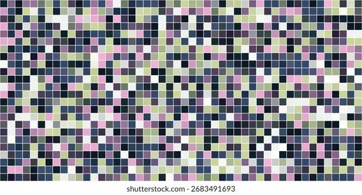 Ein geometrisches Mosaik mit kleinen Quadraten in Rosa-, Grün-, Grau- und Blautönen, die in einem gitterartigen Muster angeordnet sind.