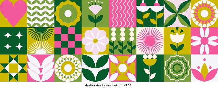 Geometric mosaic floral pattern. Abstract minimal nature background with decorative green plants flowers. Vector modern botanic wallpaper set