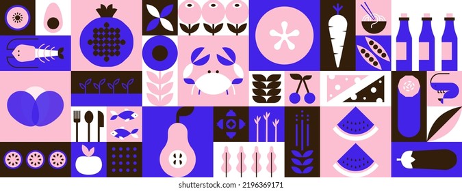 Geometric mosaic food background. Natural green organic fruit vegetable seafood pattern simple bauhaus style. Vector art