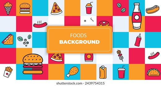 Geometric mosaic food banner. foods and drink pattern, simple restaurant menu design. Vector background