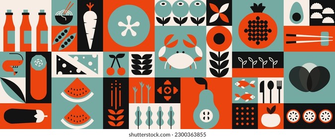 Geometric mosaic food banner. Natural fruit vegetable seafood pattern simple restaurant menu design. Vector background