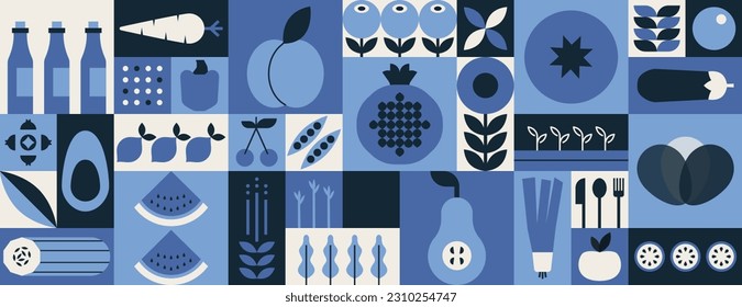 Geometric mosaic food banner. Natural fruit vegetable pattern, simple minimal restaurant menu design. Vector background