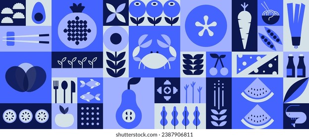 Geometric mosaic food banner. Natural fruit vegetable seafood pattern, simple restaurant menu design. Vector background