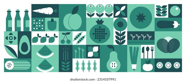 Geometric mosaic food pattern. Natural fruit vegetable icons, simple minimal restaurant menu design. Vector background