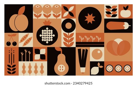 Geometric mosaic food pattern. Natural fruit vegetable plants, simple minimal restaurant menu design. Vector background