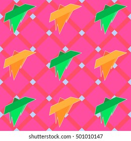 Geometric mosaic hipster pattern with orange and green figures on bright pink background made in flat design