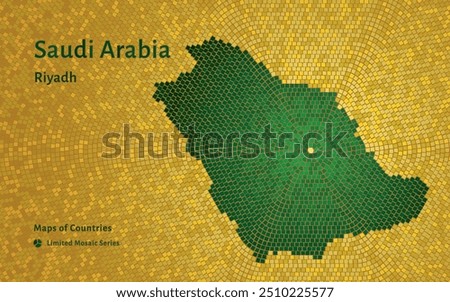 Geometric Mosaic Map of Saudi Arabia with Riyadh at its Center. Golden Background.