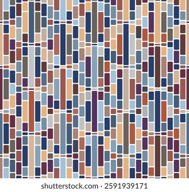 Geometric mosaic with multicolored rectangular tiles arranged in vertical lines on a white background in an abstract retro style. Color blocks. Seamless repeating pattern. Vector illustration.