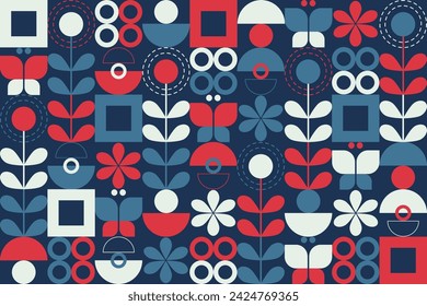 Geometric mosaic pattern design with blue red, and white on a dark background. Vector Illustration.