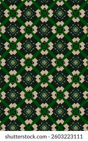 Geometric mosaic pattern featuring green and beige tones. Seamlessly tiled to create an abstract, decorative, and artistic stylized design for digital or print use in various applications.
