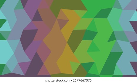 A geometric mosaic pattern with a gradient of purple to green and orange colors, composed of irregular polygons.